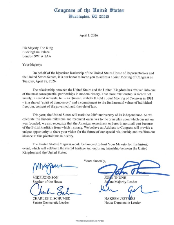 US Congress Formally Invites King Charles to Address Joint Session During April State Visit